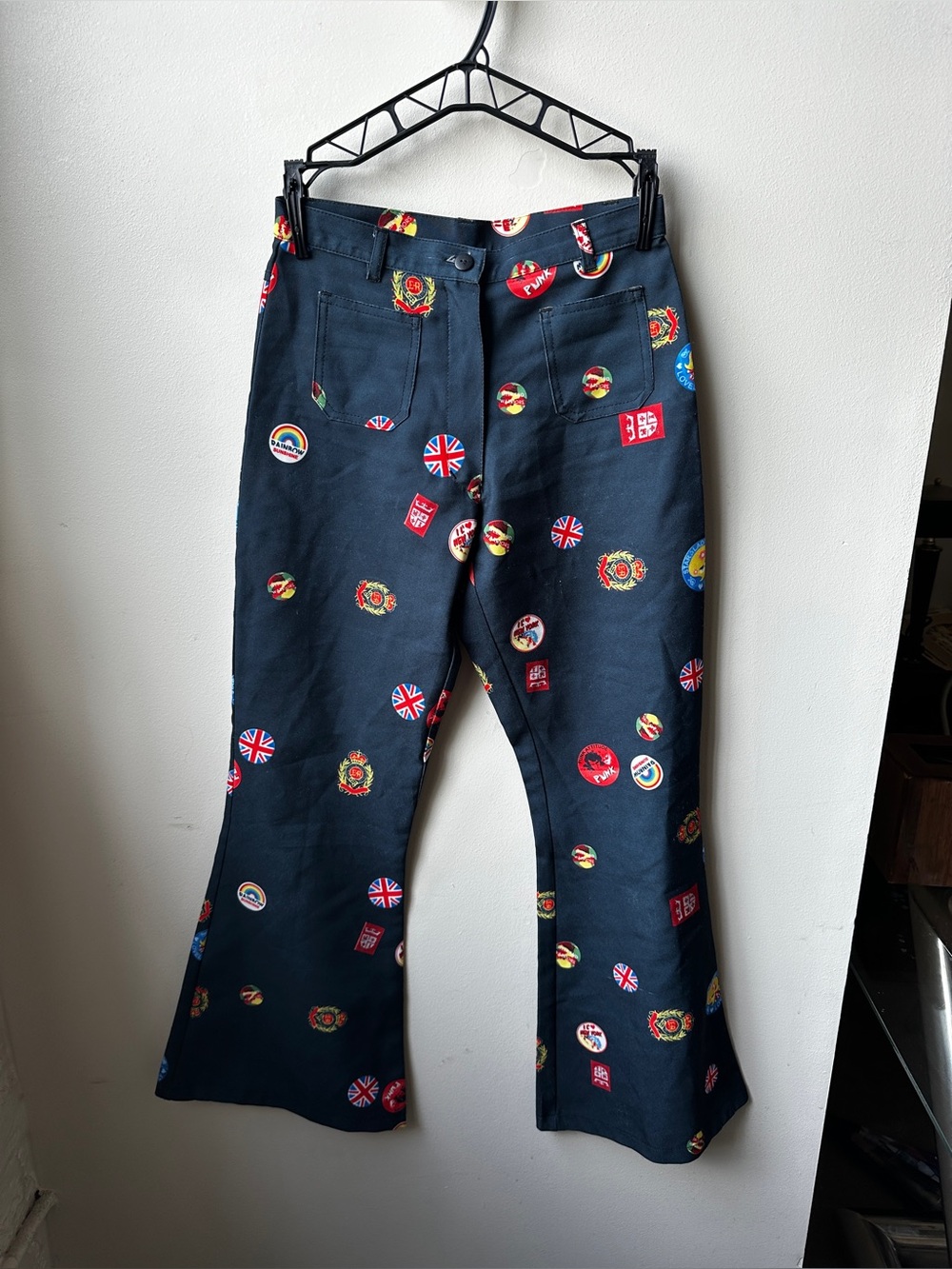 VTG Y2K/1970s Punk Patch Print Bell Bottom Pants Punk Novelty Flare Trousers